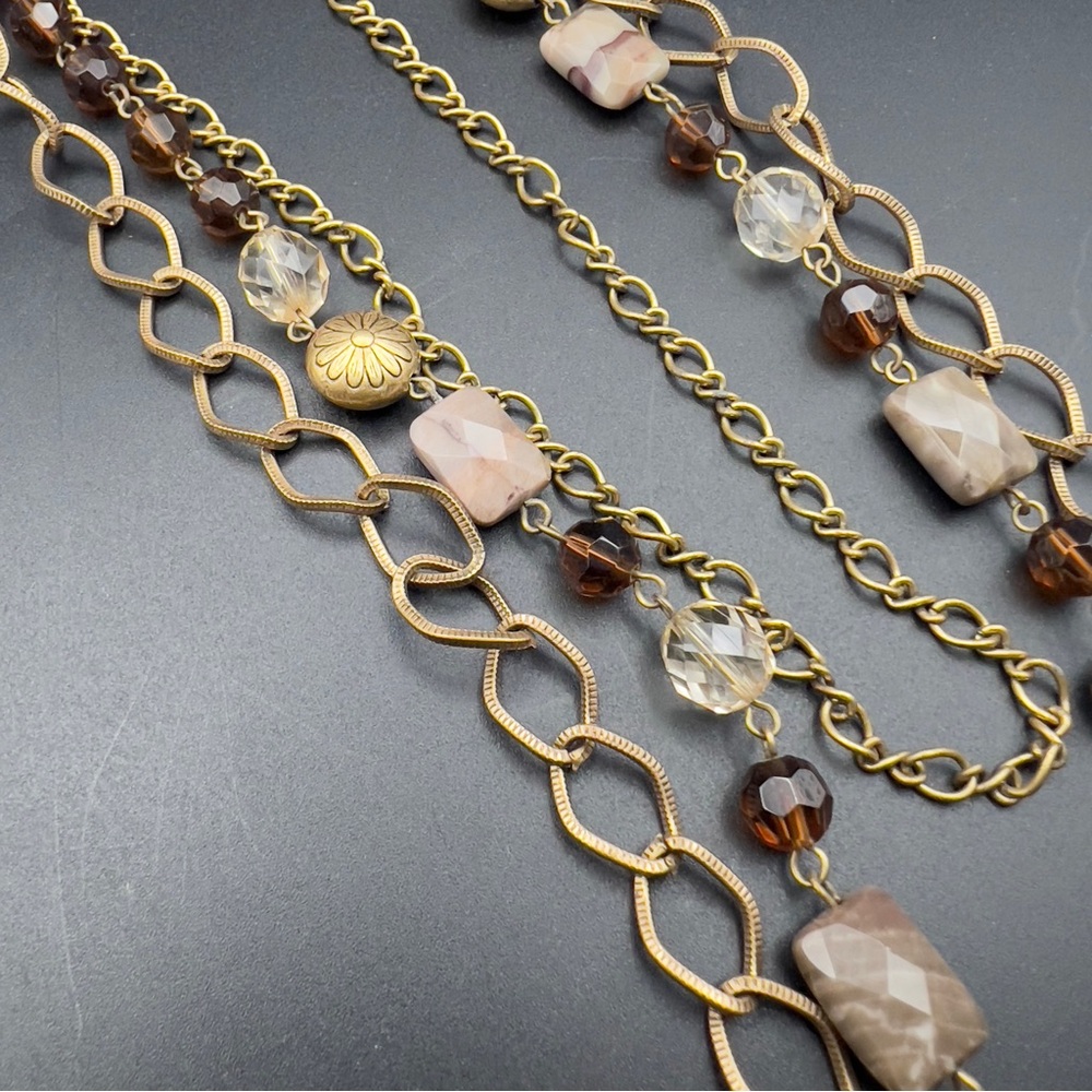 Vtg Mid Century Three Strand Necklace With Agate Stone Crystal Beads Gold Tone